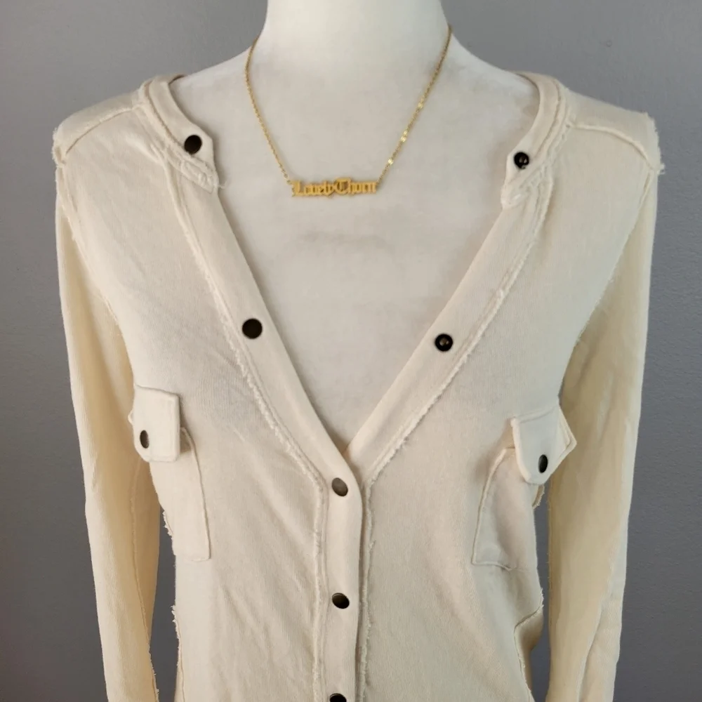FREE PEOPLE // long sleeve plunge snap button flap pocket woven knit henley